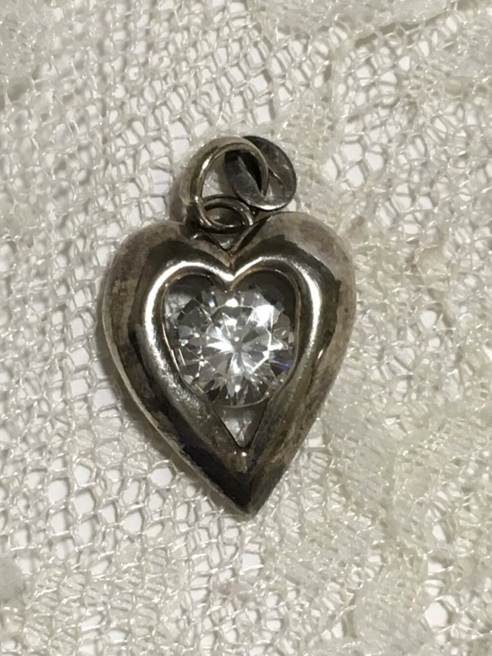 Vintage Sterling Silver Heart Charm Pendant Clear Faceted Stone - Picture 3 of 8